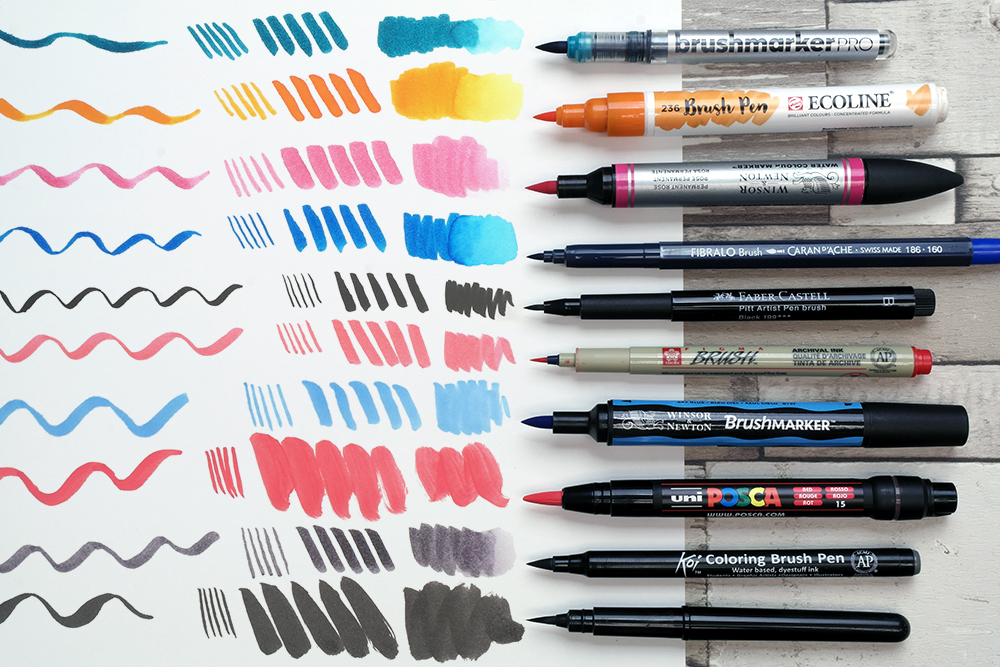 A selection of artists brush pens with  swatches of each pen.